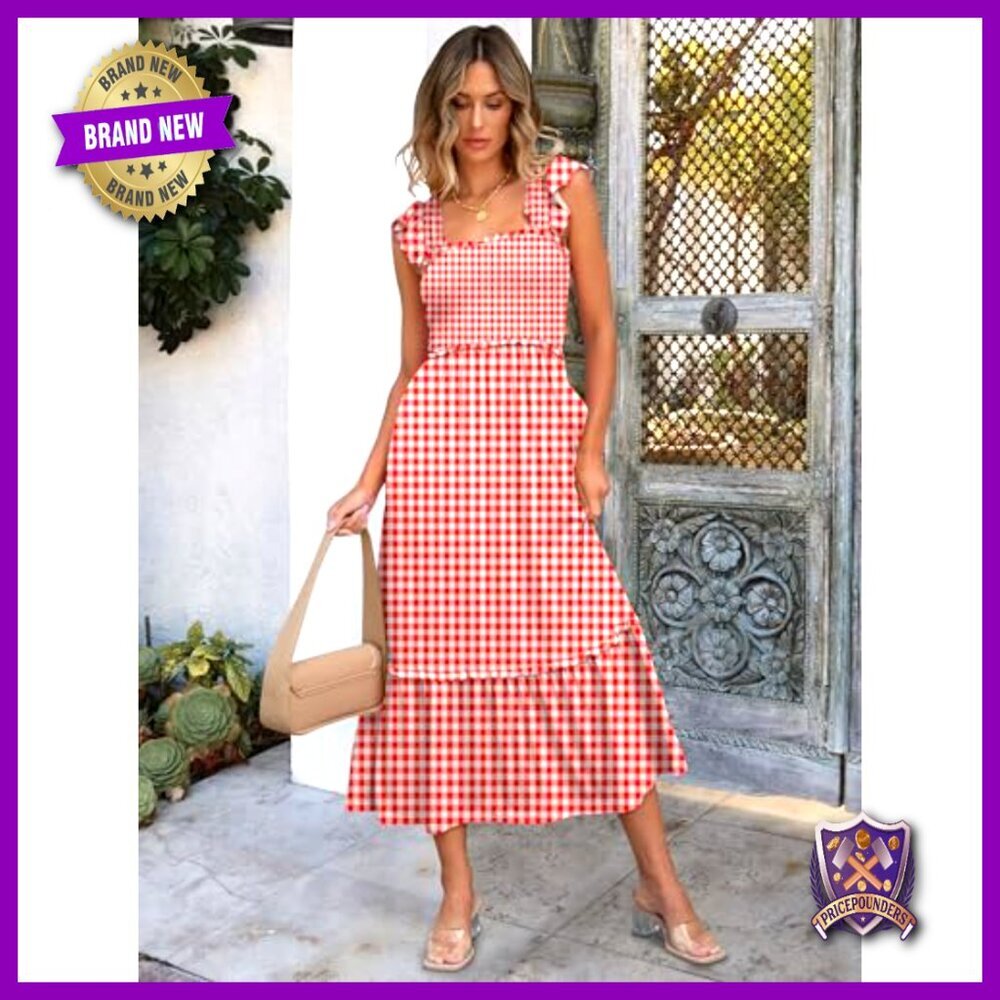 Sleeveless Maxi Dress Square Neck Smocked Boho Casual Ruffle Strap Flowy A-Line - Picture 2 of 6